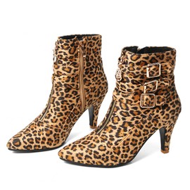MEOTINA Leopard Boots for Women Kitten Heel Pointed Toe Ankle Booties Buckle High Heeled Short Animal Print Boot