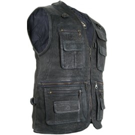 MDM Mens Leather Vest, Leisure Vest, Hunting Vest, Fishing Vest, Chopper Vest, Rocking Vest, Biking Vest,, black