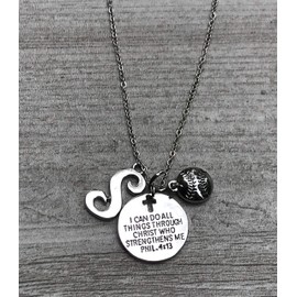 Softball Christian Necklace, Faith I Can Do All Things Through Christ Who Strengthens Me Phil. 4:13 Pendent, Scripture Jewelry Christian Gifts Verse Bible Gift For Women and Girls