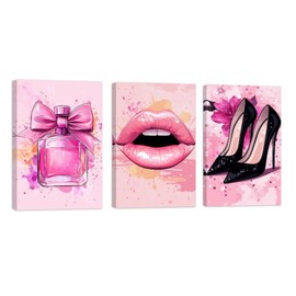 CGXLB High Fashion Canvas Wall Art Makeup Pictures Wall Decor Framed Pink Lips Art Perfume Bottle High Heels Painting 3 Pieces Watercolor Artwork for Living Room Beauty Room 12"x16"x3