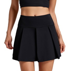 Yogipace Women's 15.5" Pleated Tennis Skirt with Pockets Athletic Skort with Built-in Shorts for Golf Running Pickleball Sun Protection,Black,Size S