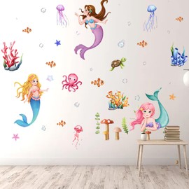 Mermaid Wall Stickers, Ocean Fish Starfish Turtle Wall Stickers, Peel and Stick, Ceiling Decor for Girls Bedroom Bathroom
