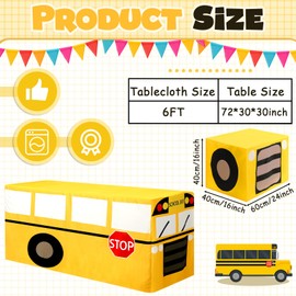 Oudain 2 Set School Bus Tablecloth for Back to School Party Table Cover Include 6ft and 2ft Tablecloth First Day of School Party Table Protector School Bus Theme Birthday Party Supplies Decorations