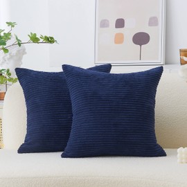 Home Brilliant Navy Cushion Covers 45 x 45 Throw Pillow Cover Bed Soft Striped Corduroy Cushion Cover for Sofa Couch, Navy Blue, Set of 2, 45x45 cm, 18x18 inch
