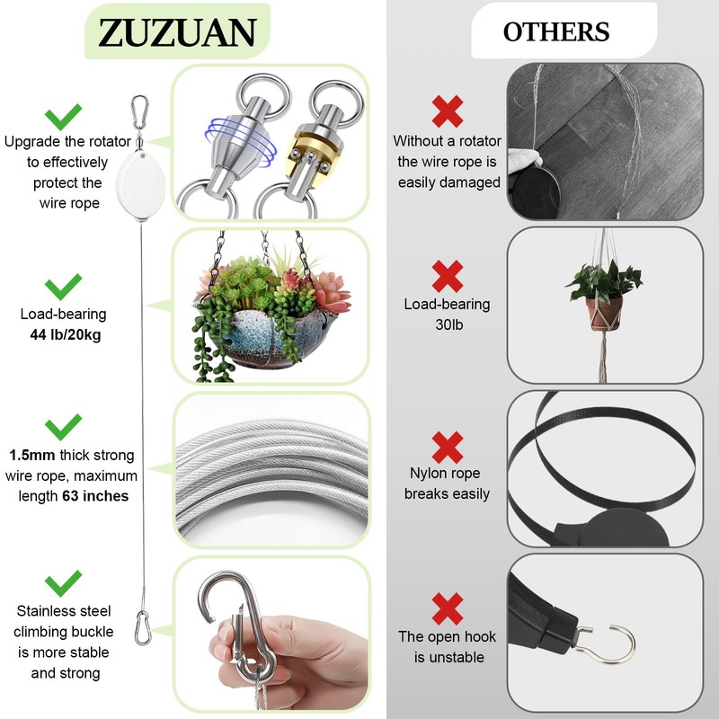 ZUZUAN 3 Pcs Upgraded Heavy Duty Retractable Plant Hanger,Plant Pulleys