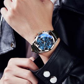 OLEVS Chronograph Watches for Men Blue Luxury Big Face Leather Watches Waterproof Easy Read Men's Wrist Watches Classic Arabic Numerals Analog Quartz Mens Watches, Montre Homme