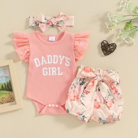ZZLBUF Newborn Infant Baby Girl Summer Outfits Letter Ruffle Sleeveless Romper Floral Shorts Headband 3Pcs Clothes Set (01- Pink, 3-6 Months)
