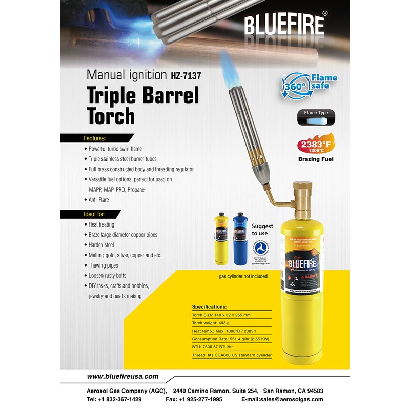 BLUEFIRE Triple Flame Jet Turbo Torch MAPP Kit,Manual Ignition Gas