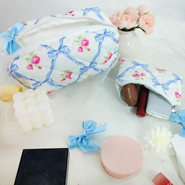 LYDZTION 2Pcs Cute makeup bag Quilted Makeup Bag for Women,Coquette Bow Makeup Bag Cotton Makeup Bag with Purse Pouch Aesthetic Stuff Travel Essentials Storage Bag for Lipstick Brushes,Blue