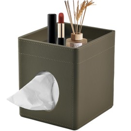 XNONE Tissue Box Cover Square Kleenex Box Holder PU Leather Facial Tissue Organizer with Storage Tray for Bathroom Vanity Bedroom Office Car, Stylish Napkin Caddy Decorative Organizer (Olive-Green)