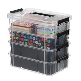 IGNPION Stackable Storage Box, 4 Layer Adjustable Plastic Storage Box with Carrying Handle Transparent Organizer Containers for Arts and Crafts Toys Sewing Accessories (Black)
