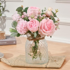 Dolicer Artificial Flowers with Vase, 14'' Artificial Silk Roses in Vase, Faux Flower Arrangement with Vase for Table Centerpiece Office Farmhouse Kitchen Coffee Dining Home Decor (Pink)