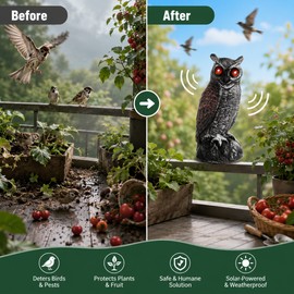 Solar Owl Bird Deterrent for Garden Protection – Motion Sound & Flashing Eye Decoy for Yards, Farms & Orchards