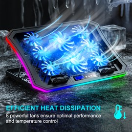 Laptop Cooling Pad RGB Gaming Notebook Cooler for Desk and Lap Use, MOOJAY Laptop Fan Stand 8 Adjustable Heights with 8 Quiet Fans and Phone Holder, for 15.6-17.3 Inch Laptops - Blue LED Light