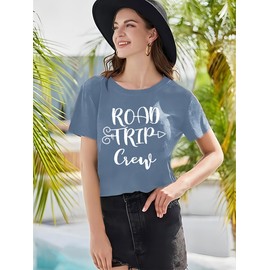Camping Shirts for Women Road Trip Shirts Funny Letter Print Road Trip Crew Tshirts Family Vacation Tops Summer Hiking Tee,Ink M