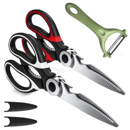 2Pcs Kitchen Scissors with Peeler - Heavy Duty Stainless Steel, Multipurpose Ultra Sharp Food Kitchen Shears for Meat, Poultry, Vegetables, Fruits, Herbs, Pizza - Ergonomic Grip, Dishwasher Safe