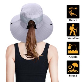KIRAAT Women Ponytail Summer Sun Hat UV Resistant Foldable Mesh Wide Brim Beach Fishing Hat, lightgrey