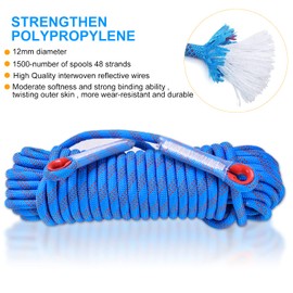 Climbing Rope, 12 mm Static Climbing Rope, 32FT(10M) 65FT(20M) 100FT(30M) 164FT(50M) Outdoor Rock Climbing Rope, Escape Rope, Rappelling Rope, Fire Rescue Parachute Rope(Blue, 100FT)