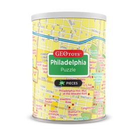Geotoys Philadelphia Mini City Puzzle - 100 Piece Puzzles for Kids and Adults in Portable Can, 13" x 10" Educational Travel Puzzle for Ages 7 and Up - Mini Puzzles to Learn & Explore Geography