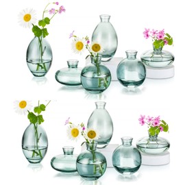 Glass Bud Vases Set of 12, Hewory Cute Green Small Vases Handmade, Mini Glass Flower Vase for Floral Arrangement, Tiny Centerpiece for Home Office Wedding Party Events Table Decor (Not Include Flower)