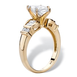 PalmBeach Yellow Gold-Plated or Platinum-Plated Sterling Silver Marquise Cut Cubic Zirconia and Baguette Bridal Engagement Ring Size 10