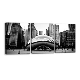 3 Pieces Black and White Wall Art - The Millennium Park in Downtown Chicago Photograph Picture Print on Canvas - Cloud Gate Canvas Wall Art for Modern Home Decor Ready to Hang - 12" x 16" x 3