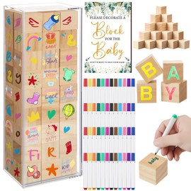 Tenceur 104 Pcs Baby Shower Game Sign Set Baby Shower Blocks to Decorate 54 DIY Blank Wooden Block 48 Watercolor Markers with Acrylic Box Set for Games Gender Reveals Party Supplies