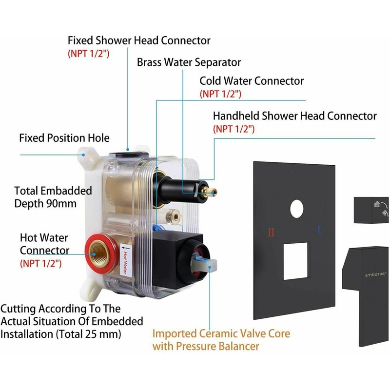 EMBATHER Black Shower System 16" Rainfall Top Spray Shower Faucet