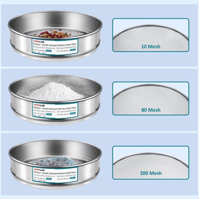 3 Pack 304 Stainless Steel Mesh Lab Sieves, 200mesh 0.075mm,