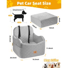 Ishineon Car Seat Booster for Dog: High-Support Memory Foam Pet Car Seat for Small/Medium Dogs Under 35lbs with Elevated Cushion - Detachable Washable Puppy Travel Bed for Driving with Pockets (Grey)