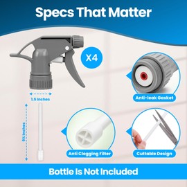 Leak-Free Acid Resistant Spray Nozzle for Bottles – Heavy-Duty Spray Bottle Nozzle with 9.5" Dip Tube – Industrial Sprayer for Acid-Based Wheel Cleaner Used in Car Detailing - Set of 4