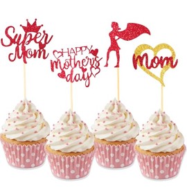 Mothers Day Cupcake Toppers, 24 PCS Mothers Day Party Decorations, Glitter Red Happy Mother's Day Super Mom Cupcake Toppers Cake Decorations Food Picks for Mother's Day Party Decoration Supplies