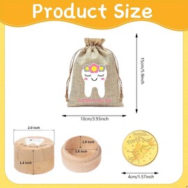 Leanockesa Tooth Fairy Kit, Wooden Keepsake Box with Gold Commemorative Coin and Burlap Storage Bag, Unique 3 Piece Gift Set for First Tooth Loss Memory