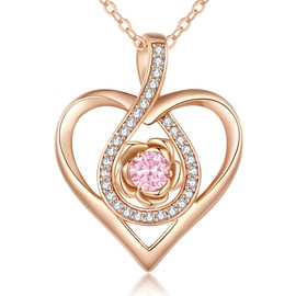 CDE Rose Heart Pendant Necklaces for Women 941 Sterling Silver Rose Gold Flower Love Heart Necklace with Birthstone for Her Birthday Christmas Anniversary