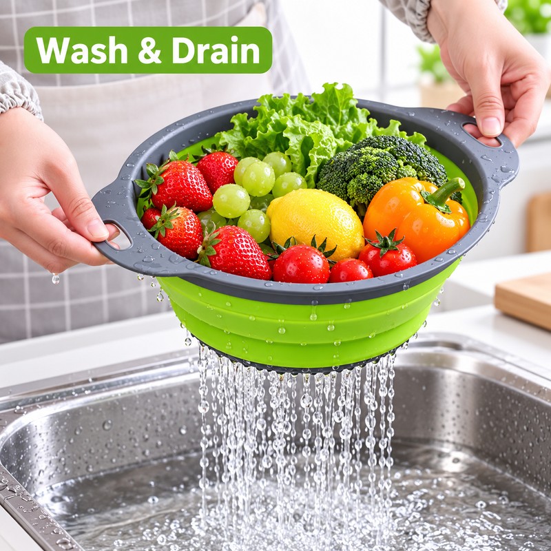 Foldable Silicone Colander for Fruit & Vegetable Washing – Green