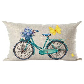 Ramirar Ink Painting Watercolor Blue Bike Bicycle Purple Flowers Butterflies Decorative Lumbar Throw Pillow Cover Case Cushion Home Living Room Bed Sofa Car Cotton Linen Rectangular 12 x 20 Inches