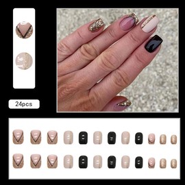 YKZFUI Press on Nails, 24 Pcs Black Glossy False Nails, Short Ballerina Shape, Square French Tip Design, Acrylic Nails for Women and Girls
