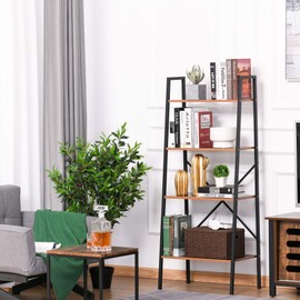 HOMCOM Industrial 4 Tier Ladder Shelf Bookshelf Vintage Storage Rack Plant Stand with Wood Metal Frame for Living Room Bathroom