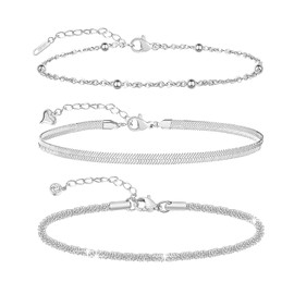 QJLE Ankle Bracelets for Women Layered Beaded Snake Chain Link Silver Anklets for Women Waterproof Cute Anklet Set 3pcs
