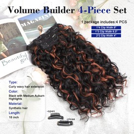 18 Inch Curly Clip in Hair Extensions,QGZ 4PCS Synthetic Hair Blend Seamless Extensions for Women,Soft Natural Lace Weft Wave Extensions for Daily & Party (Black with Medium Auburn Highlights)