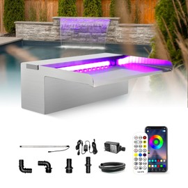 LONGRUN Stainless Steel Waterfall Spillway, APP Control Multi-Color LED Light Outdoor Pool Fountain, Water Spillway Koi Pond Waterfalls Fountains Kit for Garden Patio Swimming Pool Decoration-11.8"