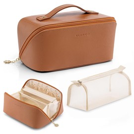 VLANDO Makeup Bag for Travel, PU Leather Portable Makeup Bag Open Flat Toiletry Bag with Handle and Divider Make up Bag for Traveler Summer Gift for Women Girls - Color: Toffee