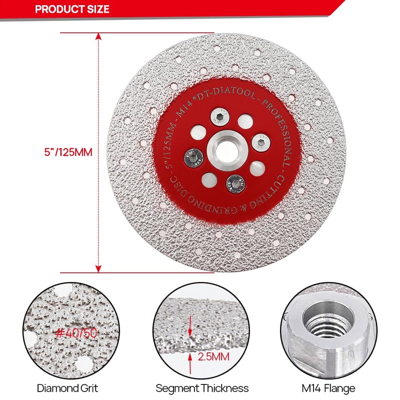 DT-DIATOOL Diamond Disc 125mm x M14 Vacuum Brazed Cutting Disc