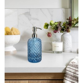 JASAI JASAI 18Oz Gem Patterned Glass Soap Dispenser for Kitchen, Refillable Hand Soap Dispenser with Rust Proof Stainless Steel Pump, Clear Soap Dispenser Bathroom for Dish Soap, Hand soap, Lotion(Blue)