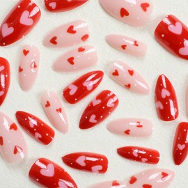 24 Pcs Valentine’s Day Press on Nails Short Almond False Nails Valentine’s Day Fake Nails with Glue Heart Nails Press ons Pink Red Valentines Nails Glossy Full Cover Glue on Nails for Women