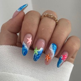 Medium Press on Nails Almond Fake Nails Blue French Tip False Nails Cute Acrylic Nails with Starfish Waves Designs Summer Glue on Nails Full Cover Glossy Stick on Nails for Women Manicure Decorations