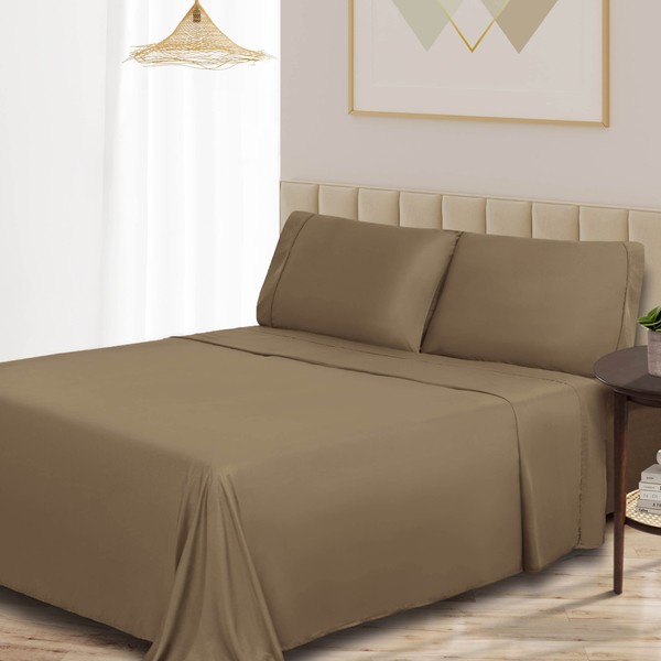 SUPERIOR Rayon from Bamboo 300-Thread Count Solid Deep Pocket Sheet Set, Split King, Taupe, 5-Piece Set