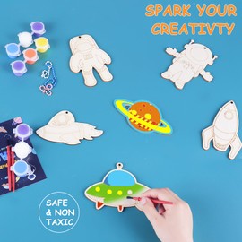 JOTIKO 24 Pack Space Themed Party Favors - Wood Keychain Painting Crafts Kits Art Supplies for Kids, Birthday Goodie Bag Filler Pinata Stuffers Classroom Prizes Family Crafts Toys Gifts for Boys Girls