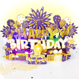 Birthday Card | Musical Pop Up Birthday Cards w Light | Blow Out LED Light Candle & Play Happy Birthday Music Pop Up Card | Greeting Cards Gifts for Him or Her | Purple Gold (Blowable Candle)