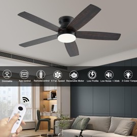 NKPU Ceiling Fans with Lights, 48Inch Low Profile Ceiling Fan with Light and Remote/App Control, Flush Mount, Reversible, 3CCT, Dimmable, Noiseless, Indoor/Outdoor Patios (Brown)